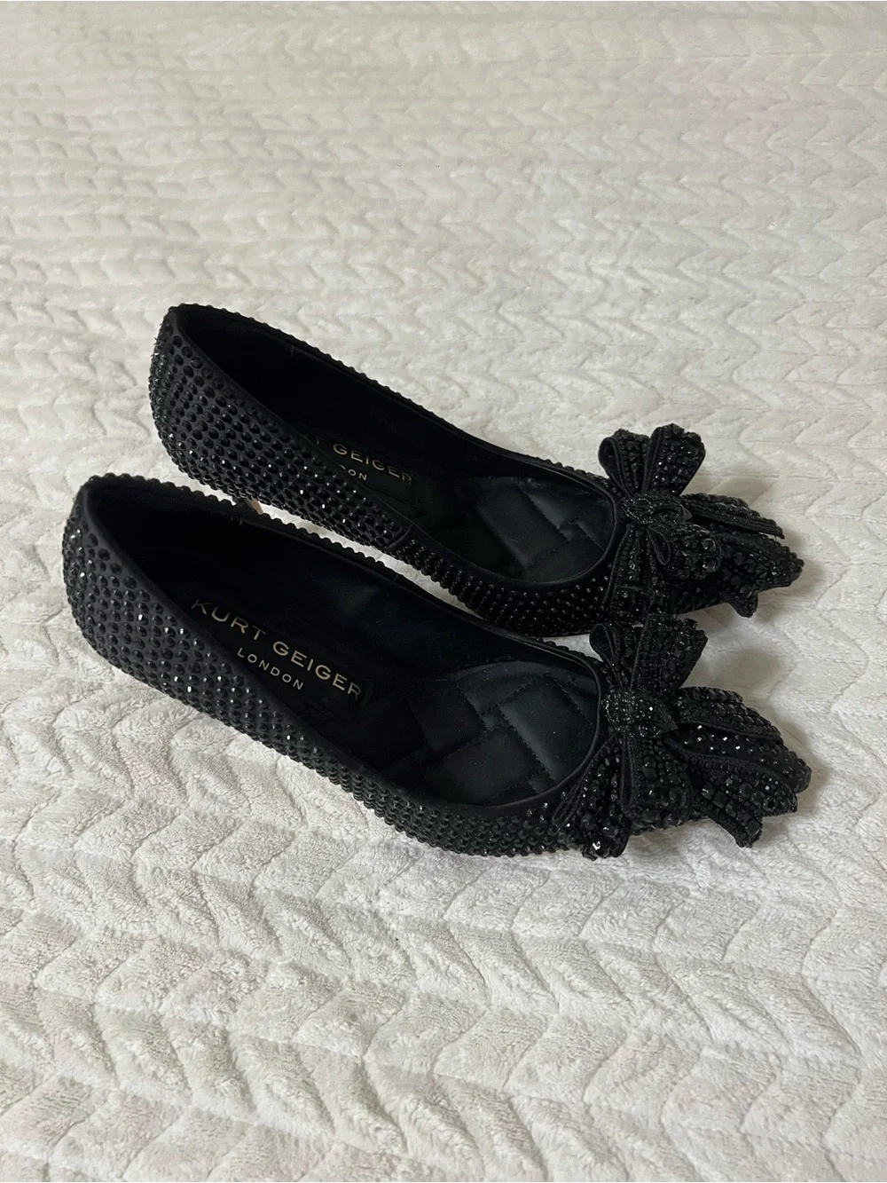 Kurt Geiger Black Sequin Bow Quilted Flats
